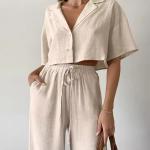 Custom Fashion Linen Set Womens Summer Wide Leg Linen Pants Set for Women Casual Women Tops Linen Sets 2 Piece