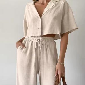 Custom Fashion Linen Set Womens Summer Wide Leg Linen Pants Set for Women Casual Women Tops Linen Sets 2 Piece